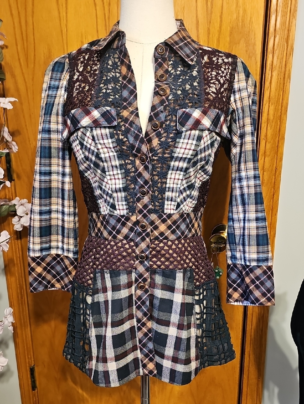 Byron Lars Plaid Sheer Panel Peplum Top
